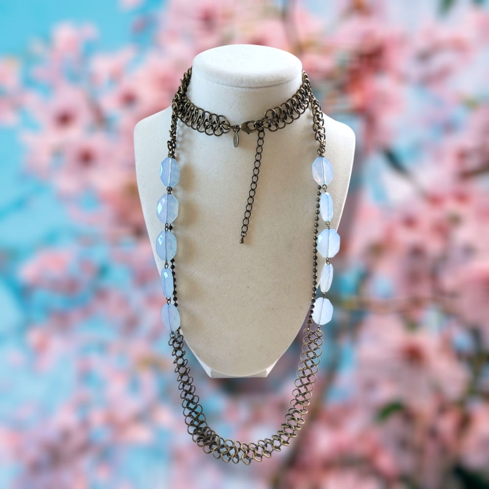 Cookie Lee | NWOT Elegant Long Brass Chain Pale Blue Opalesque Beaded Necklace